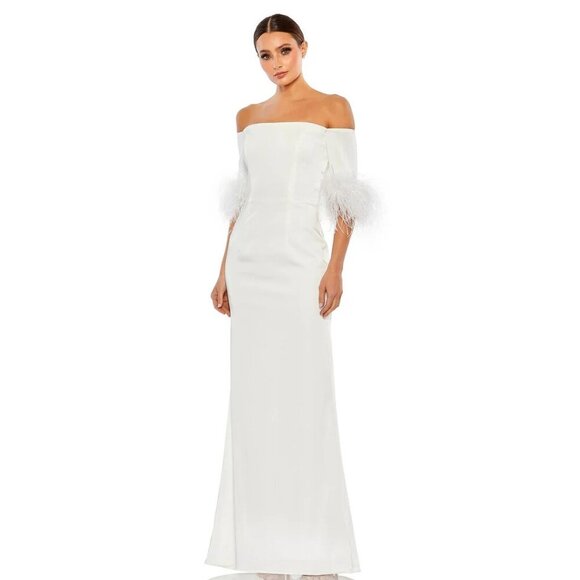 NWT Mac Duggal Feather Trim Off The Shoulder Column Gown White 6 #9585 #9593 - Picture 2 of 9